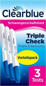 Clearblue Schwangerschaftstest-Packung mit drei Tests.